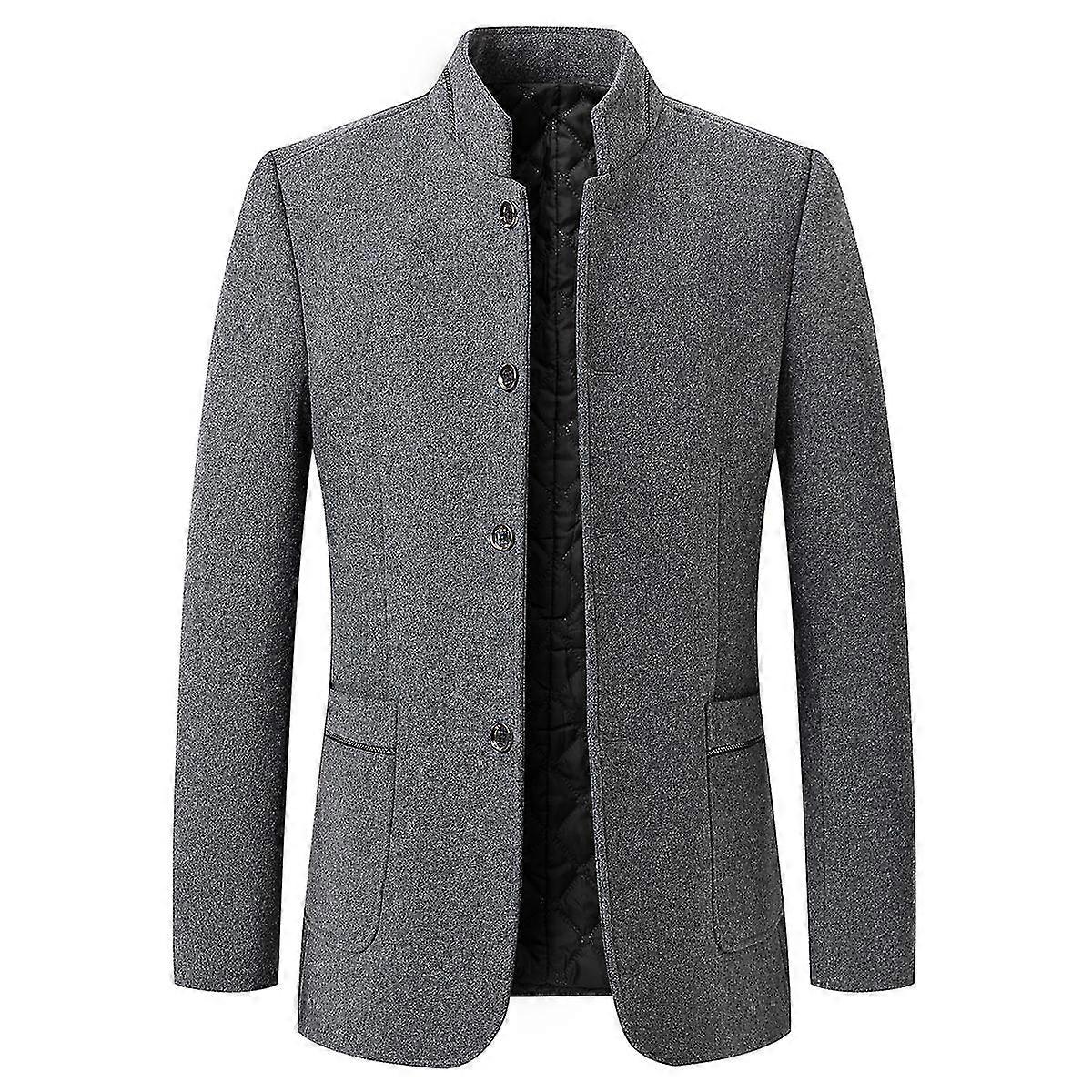 VAWAN Men's Casual Stand Collar Wool Button-Down Solid Color Coat
