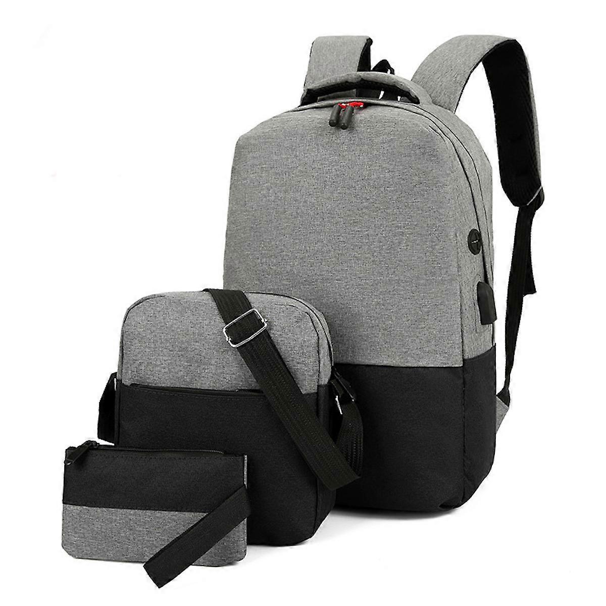 3pcs/Set Men's Casual Backpack with USB Charging Port Black Grey School Messenger Bag Pencil Bag