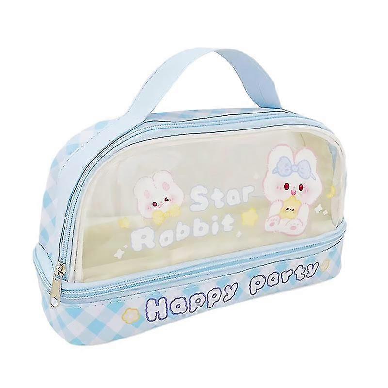 Double Layer Transparent Cartoon Pen Case With Handle Durable Pen Pouch Storage Bag For Adult Children