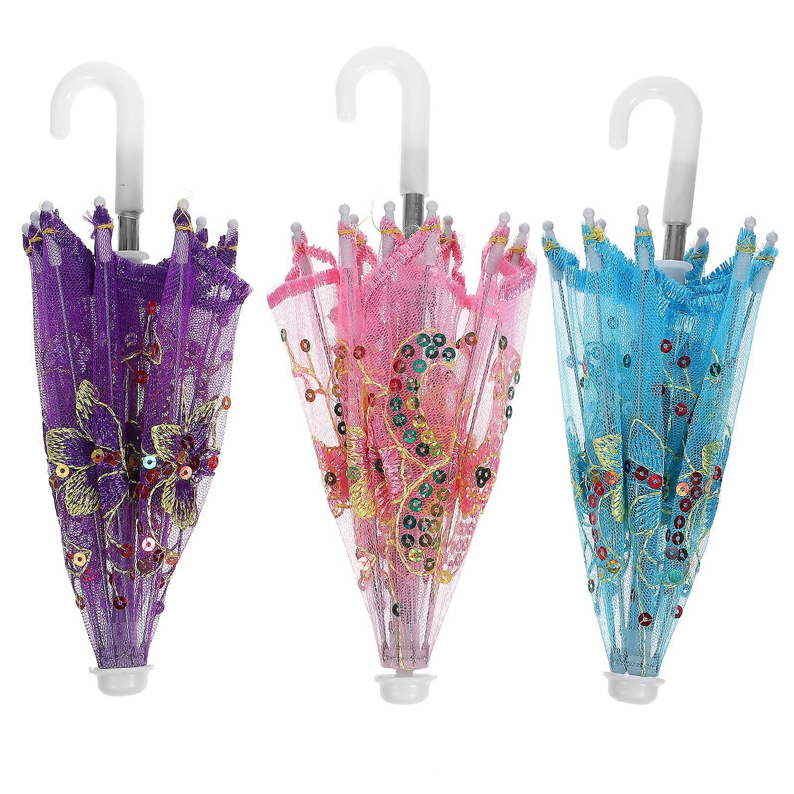 3pcs Mini Lace Umbrella Kids Play Umbrella Toy Decoration Prop Embroidery Umbrella (Random Pattern)