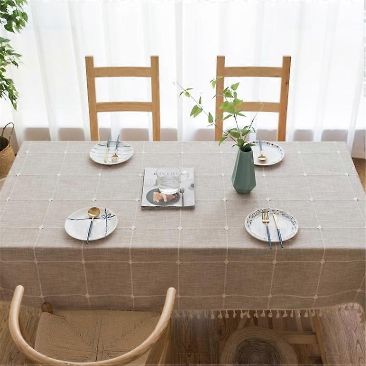 Square Lattice Embroidered Tablecloth Pure Color Cotton Linen Tassel Rectangular Coffee Table Mat