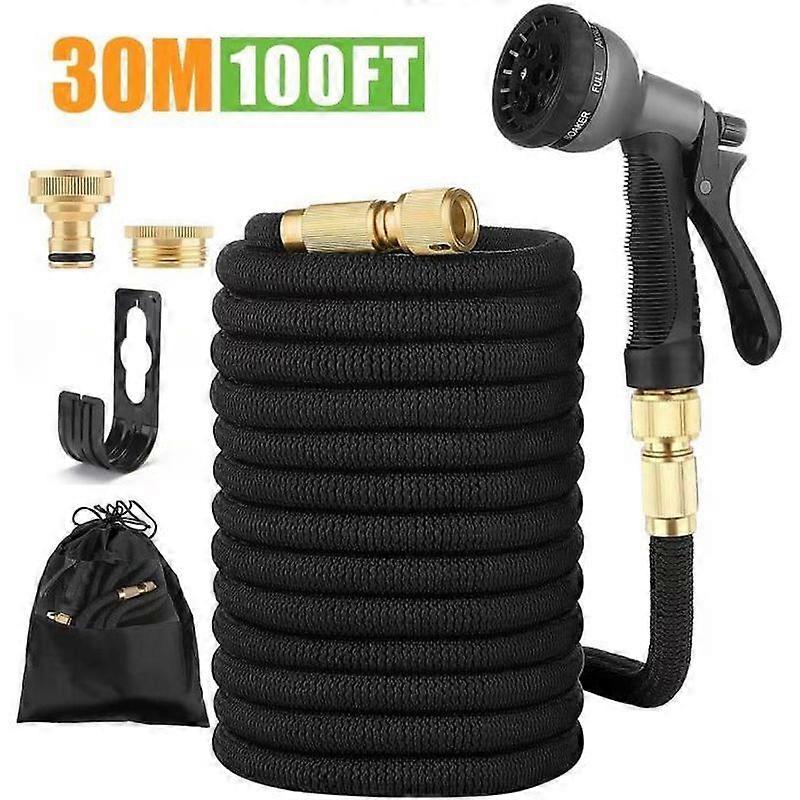 30M Expandable Garden Hose Reel with Wall Mounted Hose Holder for Garden - Black