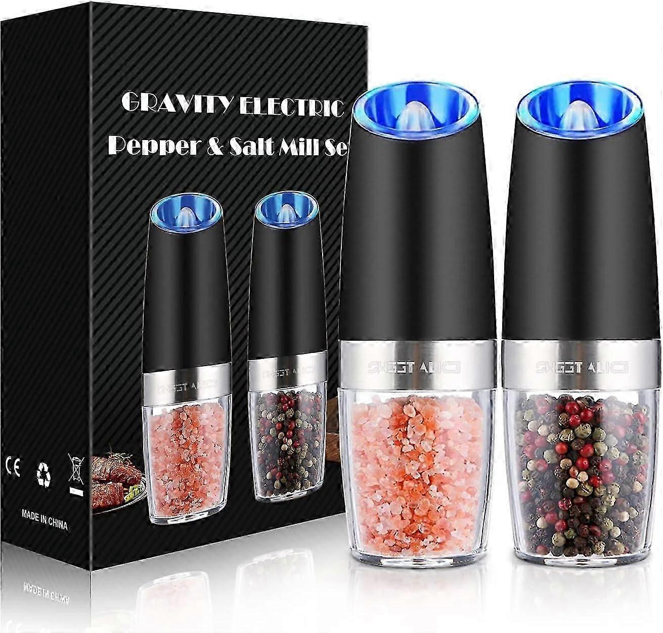 Gravity Electric Pepper and Salt Grinder Set, Adjustable Coarseness, Battery Powered with LED Light, One Hand Automatic Operation, Stainless Steel Bla