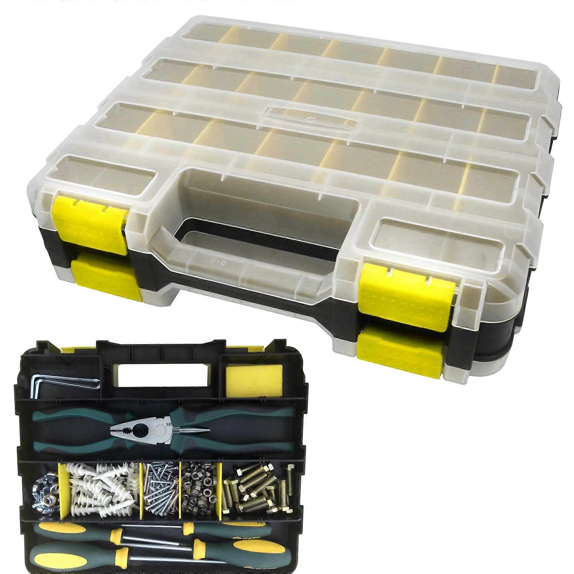 Double Side Tool Box Organizer - Portable Storage Solution for Tools, 16 Compartments, Drop-Resistant Plastic, Black Color