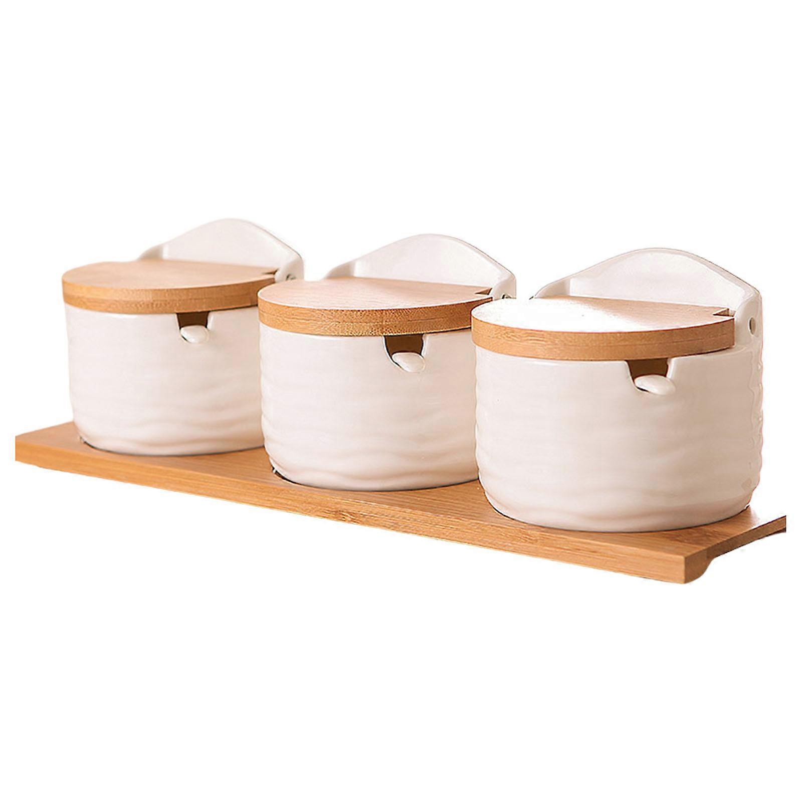 Decorative Salt Box with Bamboos Lid and Spoon for Kitchen Or Dining Table Sugar Container Ceramic Spices Holder