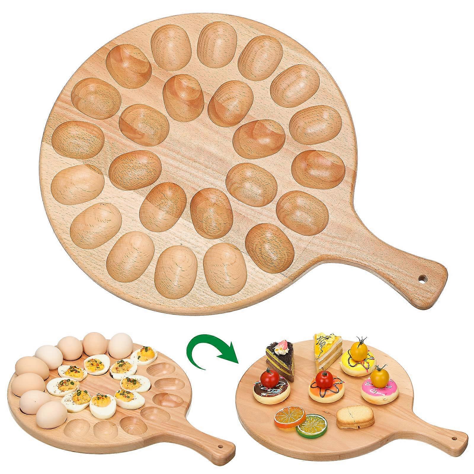 Reversible Wood Deviled Egg Platter and Charcuterie Board with Egg Tray for Countertop Refrigerator - Beech Color