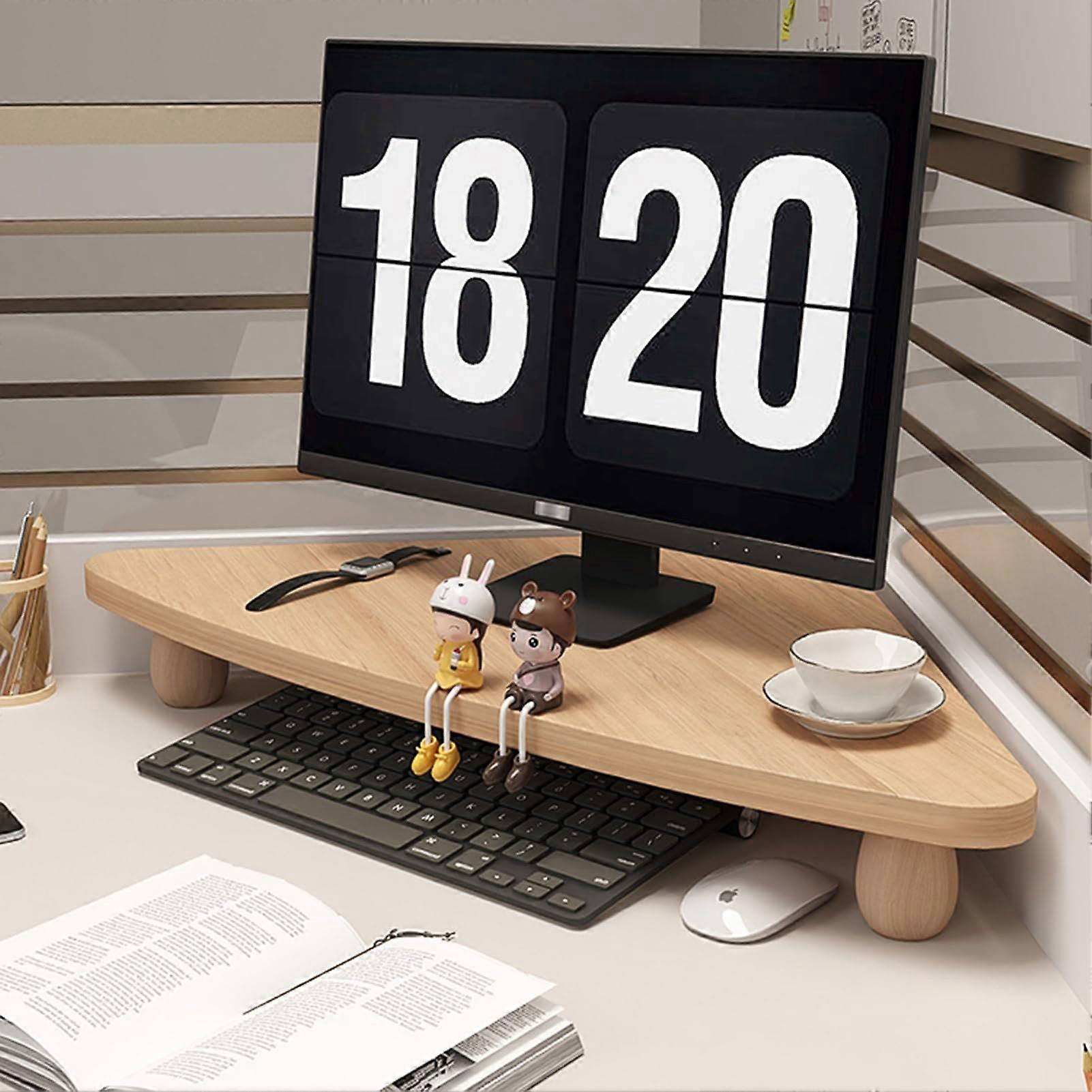 Wooden Triangle Monitor Stand, Corner Computer Monitor Riser, Laptop Printer Desk Storage Organizer, Office Desk Shelf Space Saving