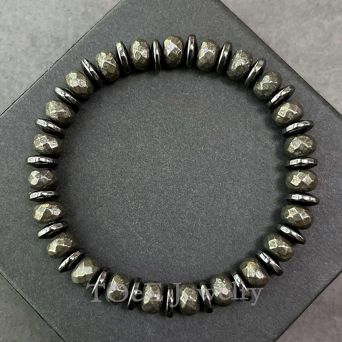 8x5mmファセットパイライト&ヘマタイト接地保護ブレスレット - ビンテージボヘミアンスタイルチャクラジュエラー。