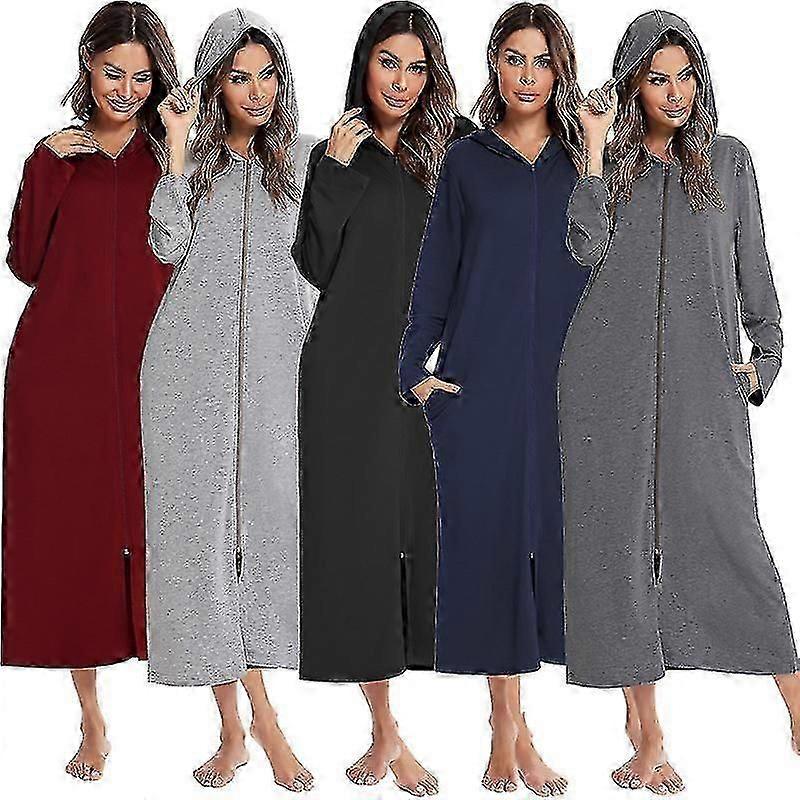 Mulheres longo manto com capuz roupão de banho zíper up Duster comprimento total sólido