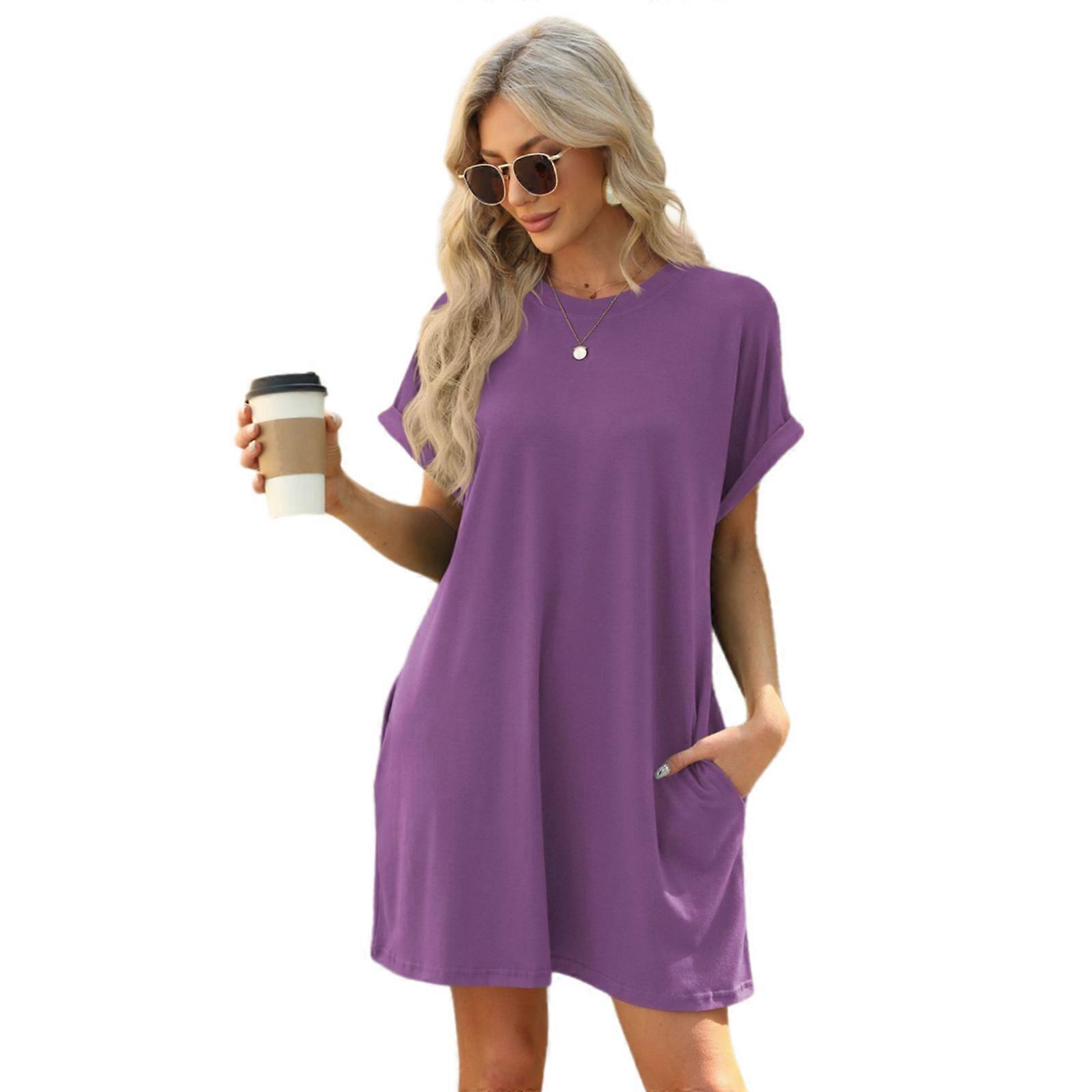 Breathable Summer Short Sleeve T-Shirt Dress With Side Pockets Loose Fit  Casual Wear Soft Polyester Fabric For Women Purple XL | Fruugo UK