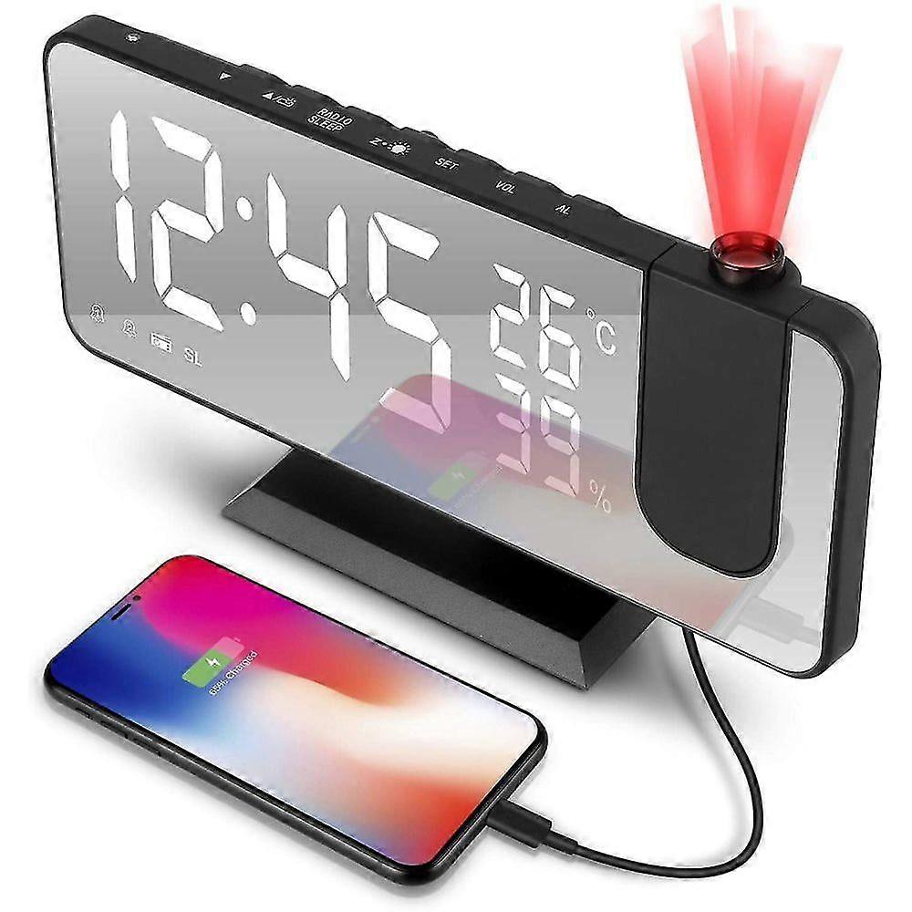 Digital Projection Alarm Clock with FM Radio, USB Port, Large LED Display & Snooze Dual Alarms
