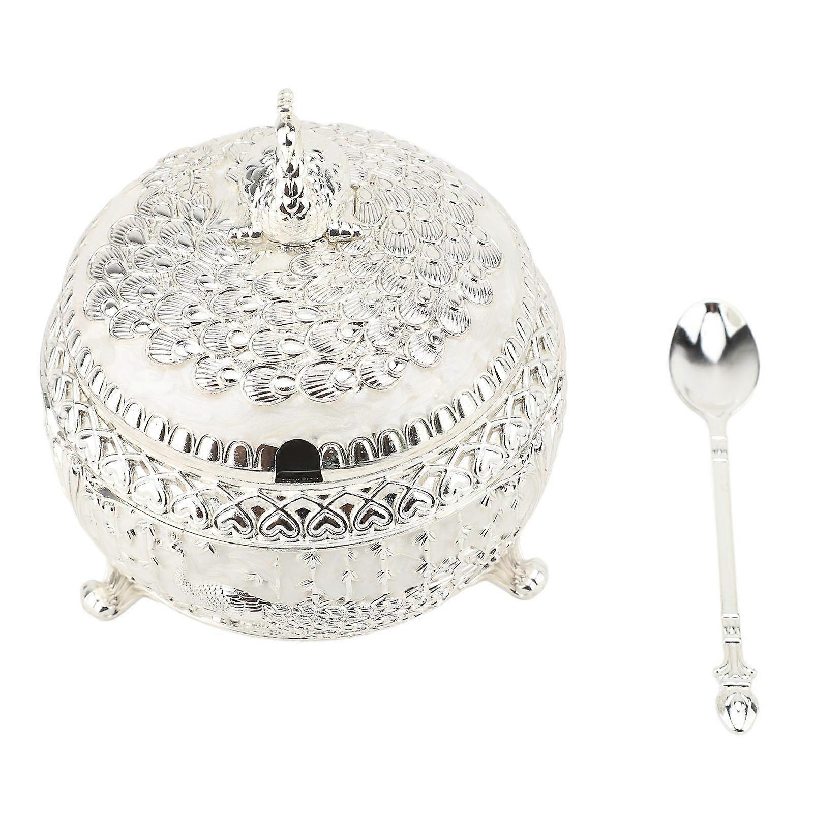 Exquisite Peacock Embossed Sugar Bowl with Lid and Spoon for Kitchen Table Decoration Silver and White