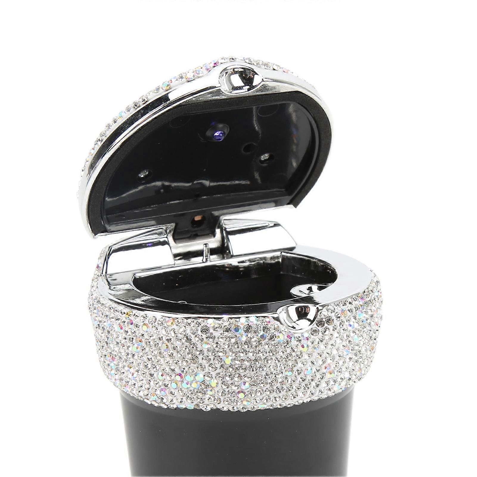 Car Ashtray DiamondStudded Smokeless Container with LED Light Indicator Multifunctional Universal(Black )
