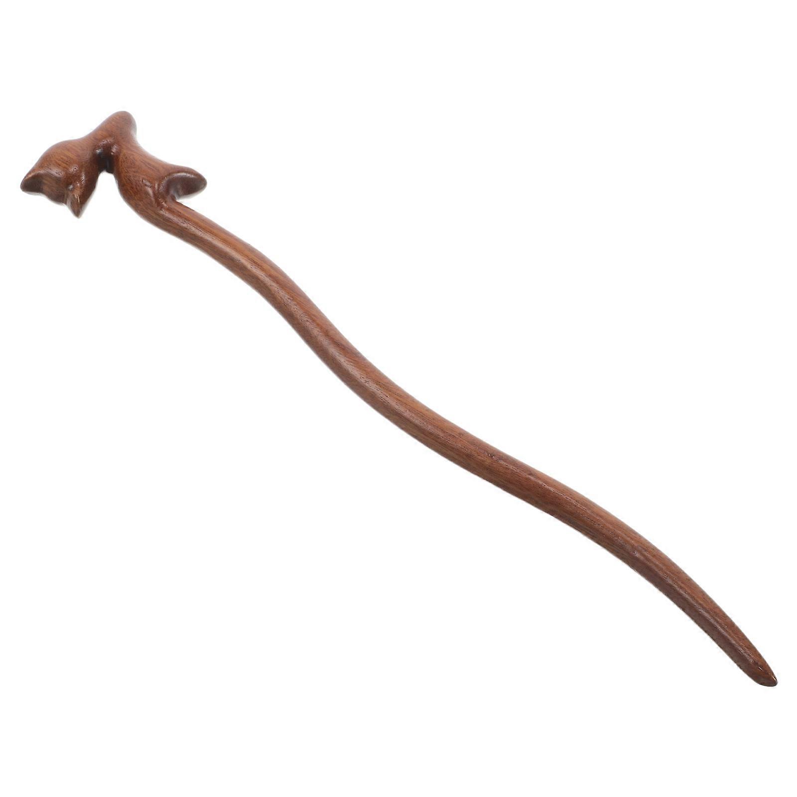 Vintage Wooden Hairpin for Women – Adorable Cat Design Traditional Chinese Style Long Tail Hair Stick for Chignons and Elegant Hairstyles