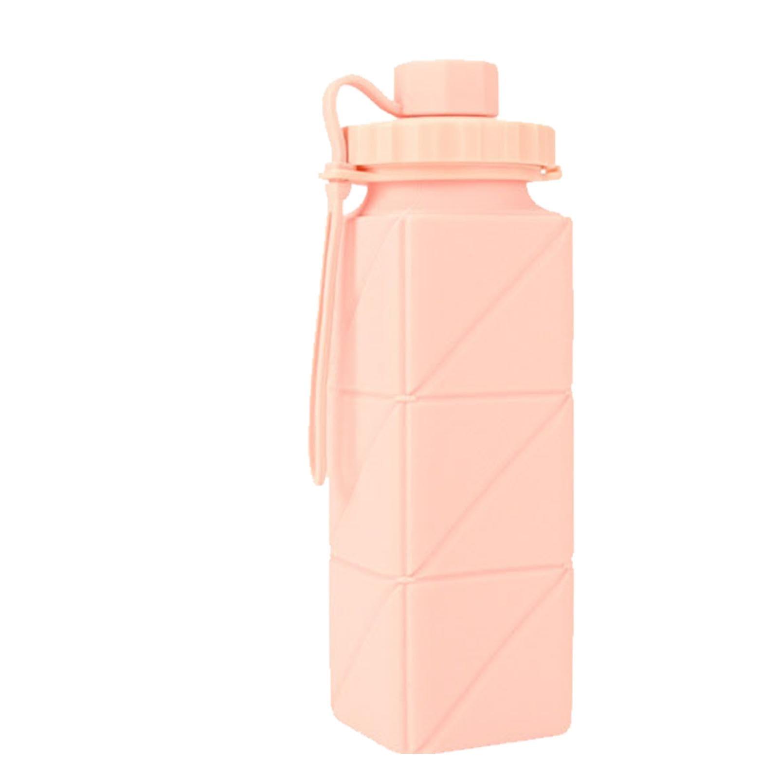 Foldable Water Bottles - 600 Ml Square Silicone Collapsible Travel Bottle, Pink, Leakproof, Portable, Reusable