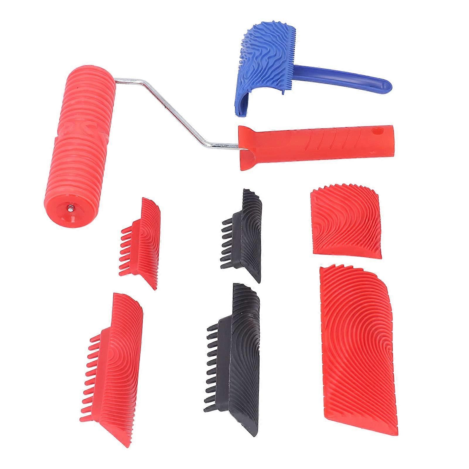 Holz grain tool set, 9pcs fake wood grain rollers painting tool with handle, rubber pattern color roller for wall paint decoration