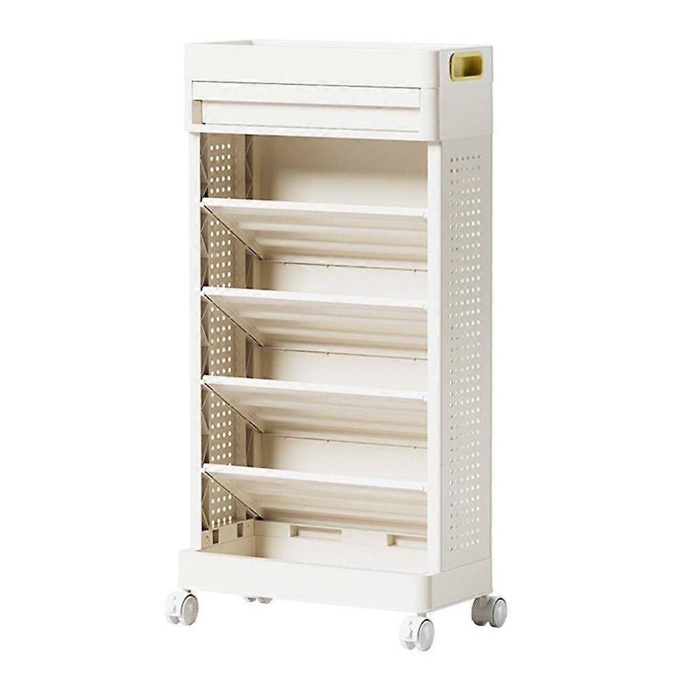 5-Tier Books Storage Rack Multi-Function Organizer Desk Side PP Bookshelf with Drawer and Wheels