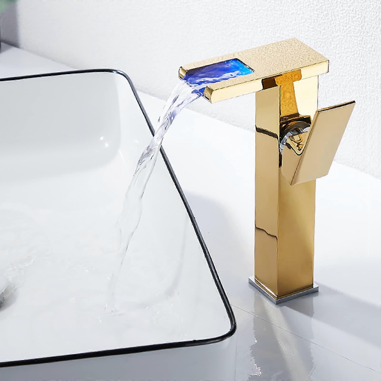 Waterfall Tap LED - Brass Bathroom Sink Taps with 3 Colour Changing LED Light, Single Handle Hot and Cold Water Mixer Gold