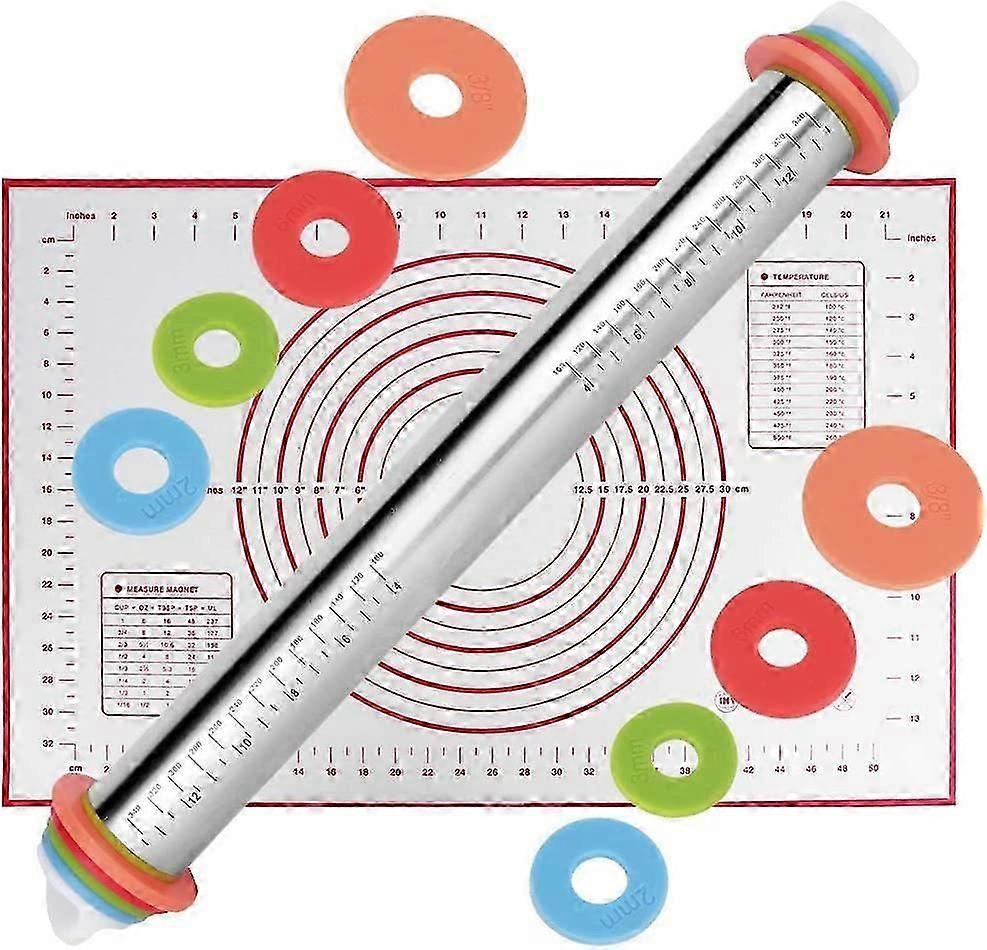 Kitchen Rolling Pin, Adjustable Rolling Pin with Graduated and 4 Removable Rings, for Tacos, Cookies, Ravioli and Nonstick Pastry Pizza (Silver)