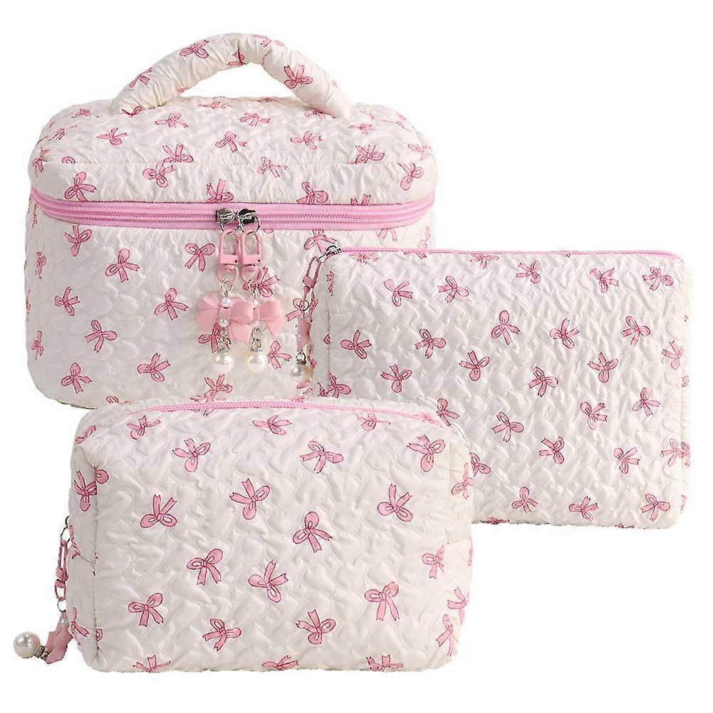 Makeup Bag 3-Piece Set Large Capacity Soft Quilted Travel Toiletry Organizer Bowknot Print Pink