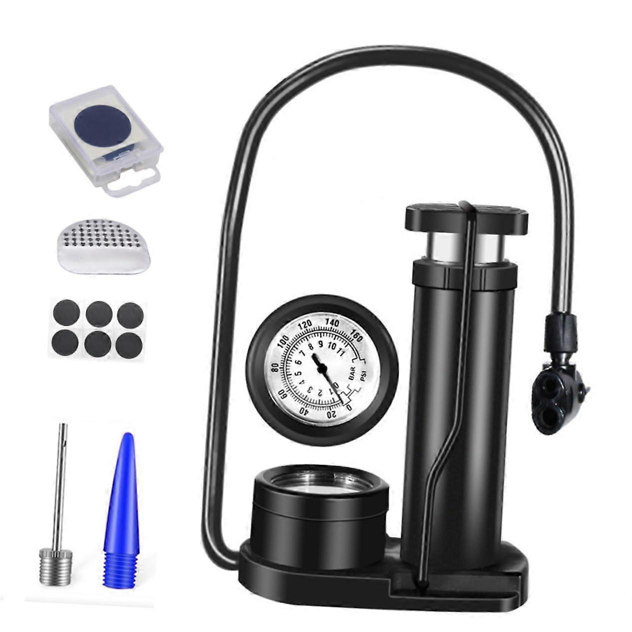Mini Portable Foot Pump for Bicycles High Pressure with Manometer and Patches, Lightweight Versatile Black Accessory