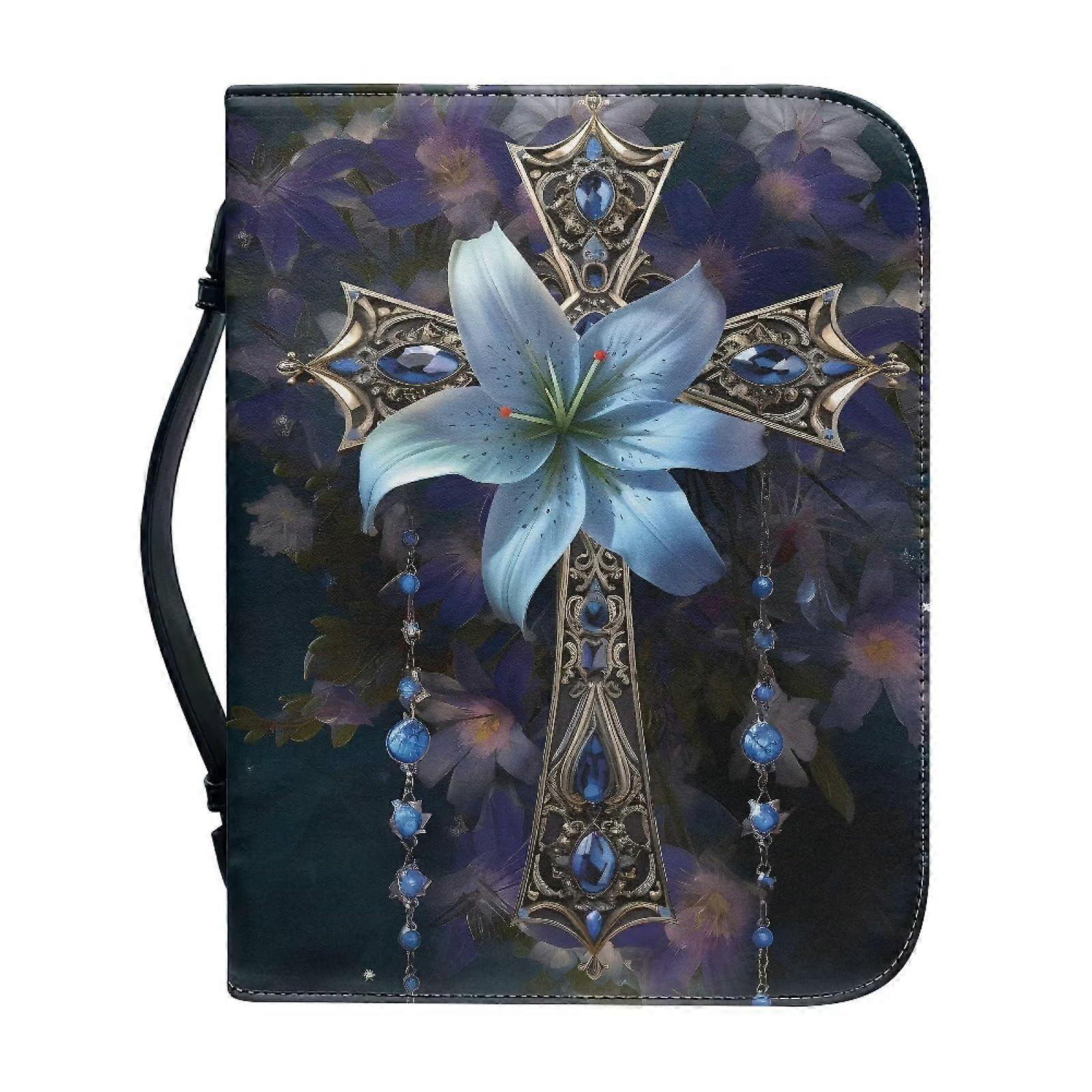 Leather Bible Case With Cross Blue Flower Small Size, Handle And Zipper Closure, Protect Prayer And Study Items