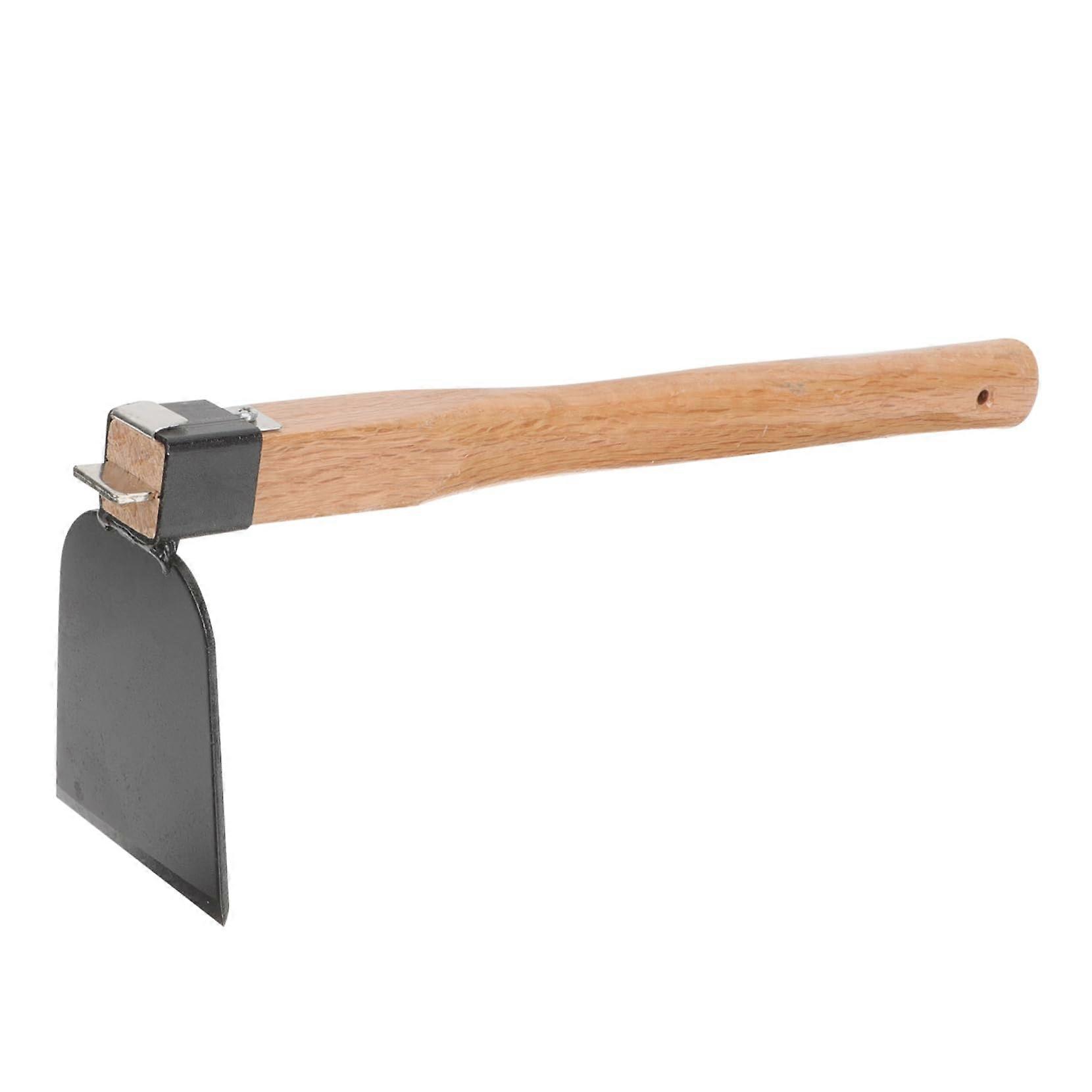 Small garden hoe with wooden handle for gardening, weeding, and soil loosening.