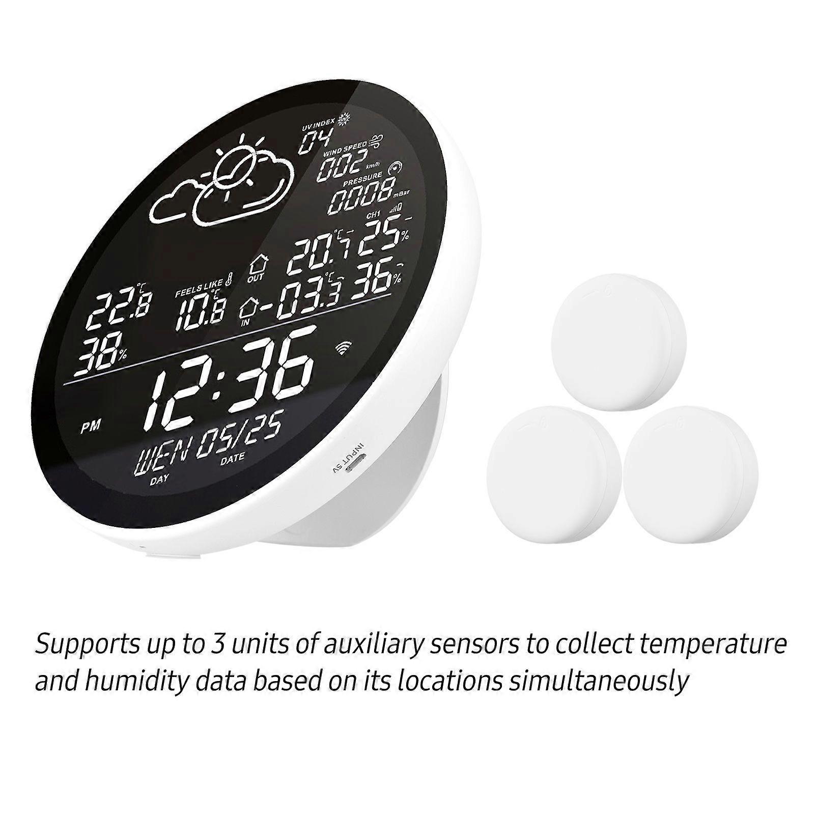 Tuya Wifi Smart Weather Station with Clock Indoor and Outdoor Temperature & Humidity Meter Multifunctional Large Color Screen Weather Clock Temp. & Hu