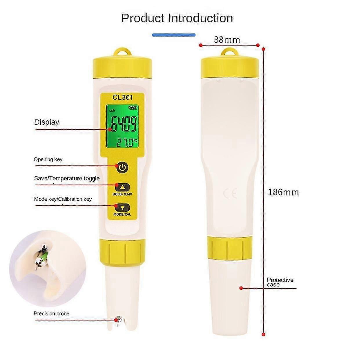 3-In-1 Chlorine Meter CL2/H2/Temperature Meter Water Quality Tester for Pools Drinking Water Aquarium Aquaculture
