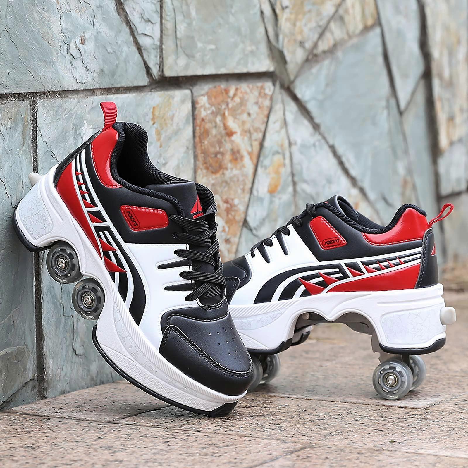 Inline Skate With Pulley Multifunction Deformation Skates For Inline To Quad Roller Skating Outdoor Sports Size 36 Red