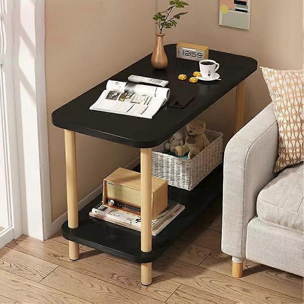 2 Tier Square Coffee Table Black 60x40 cm Solid Wood Legs Side Table For Small Space