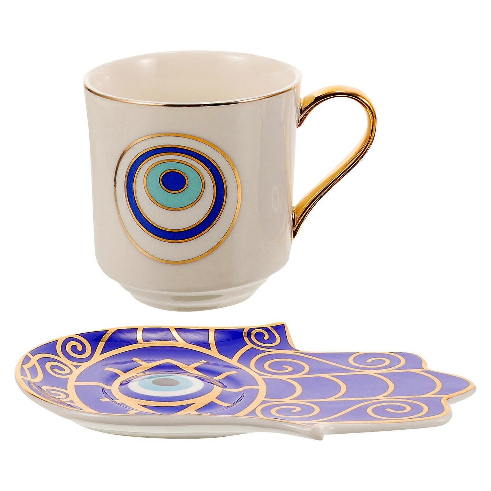Ceramic Coffee Mug with Saucer for Decoration 2Sets with Evil Eye Pattern