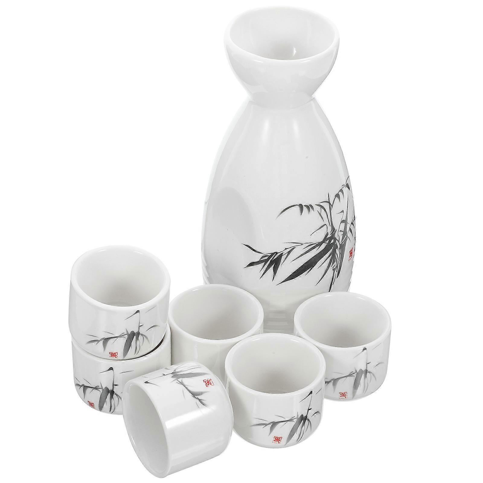 Classic Japanese Style Sake Serving Flagon And Cups For Gift Giving And Table Decoration 5.9X2X2In 7-Pcs