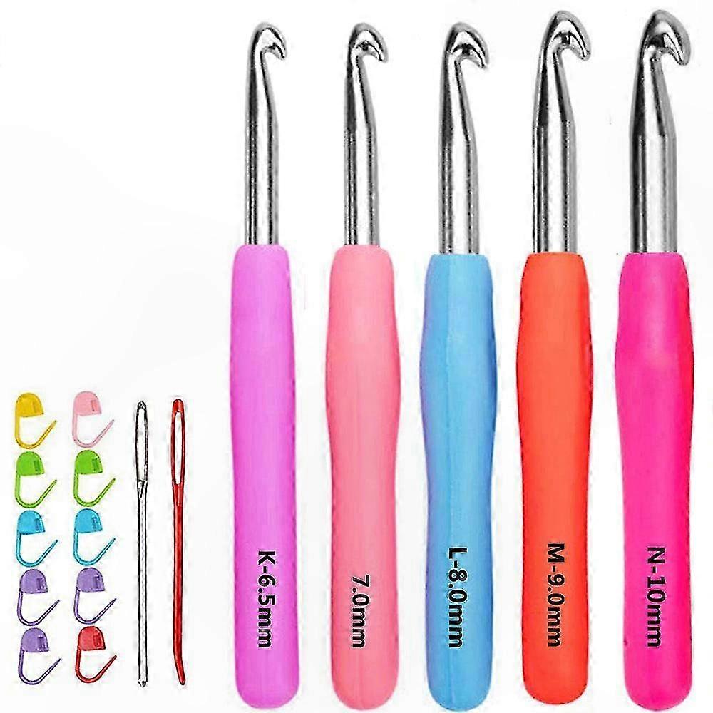 Aluminum Crochet Hooks Set with Ergonomic Soft Grip Handles, Size 6.5mm to 10.0mm, Includes K L M N/P Sizes, Organized in Case for Crafting Comfort