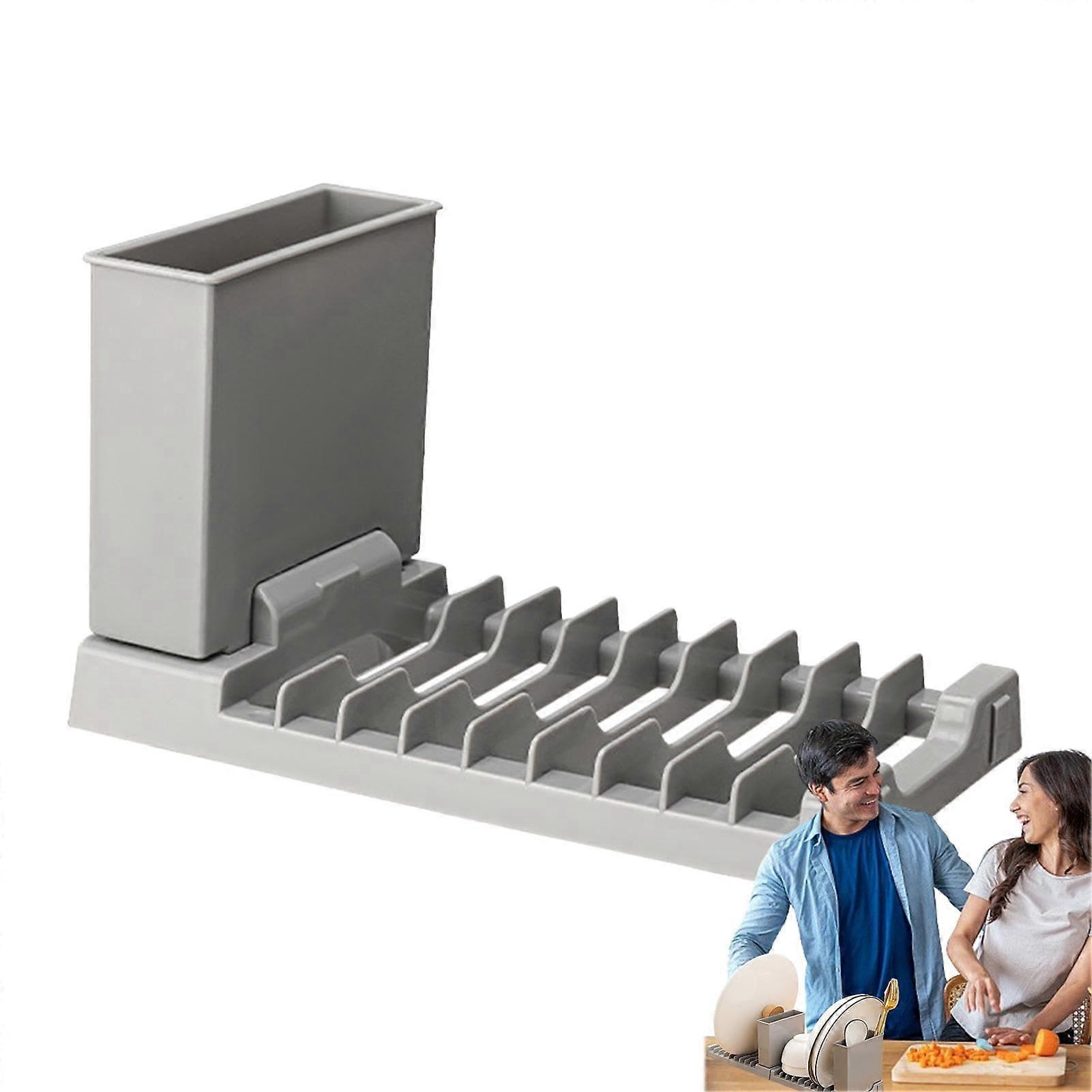 Folding Dish Drying Rack with Drain Board, SpaceSaving Utensil Holder for Kitchen Counter and Sink, Grey