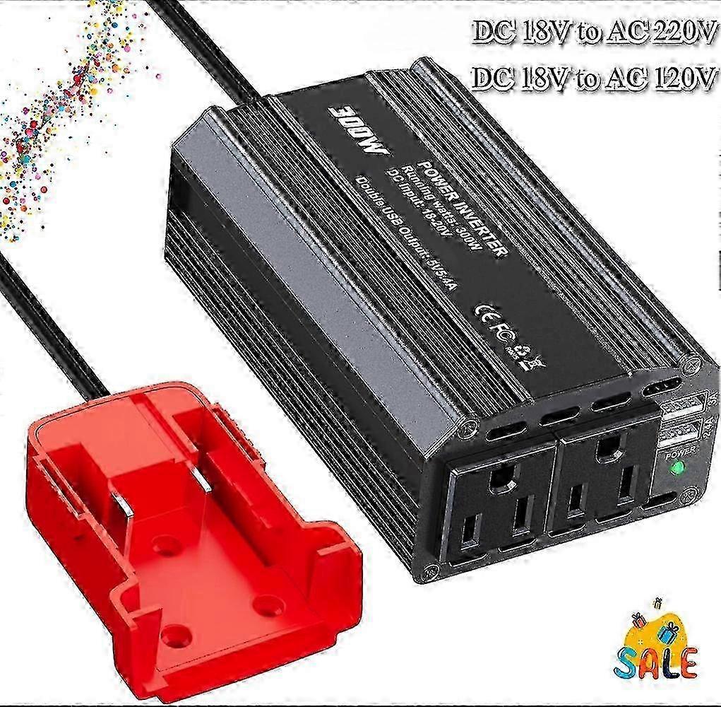 w 300W Power Inverter DC 18V to AC 220V 120V for Milwaukee 18v Battery Inverter Portable Power Station Generator with 2 AC 2 USB