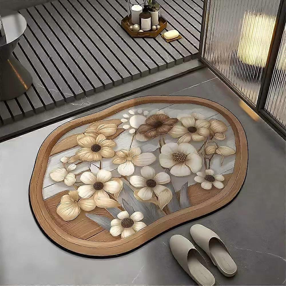 3D NonSlip Bathroom Mat with Realistic Flower Pattern, Soft Absorbent Rubber Rug Medium (Flower U)