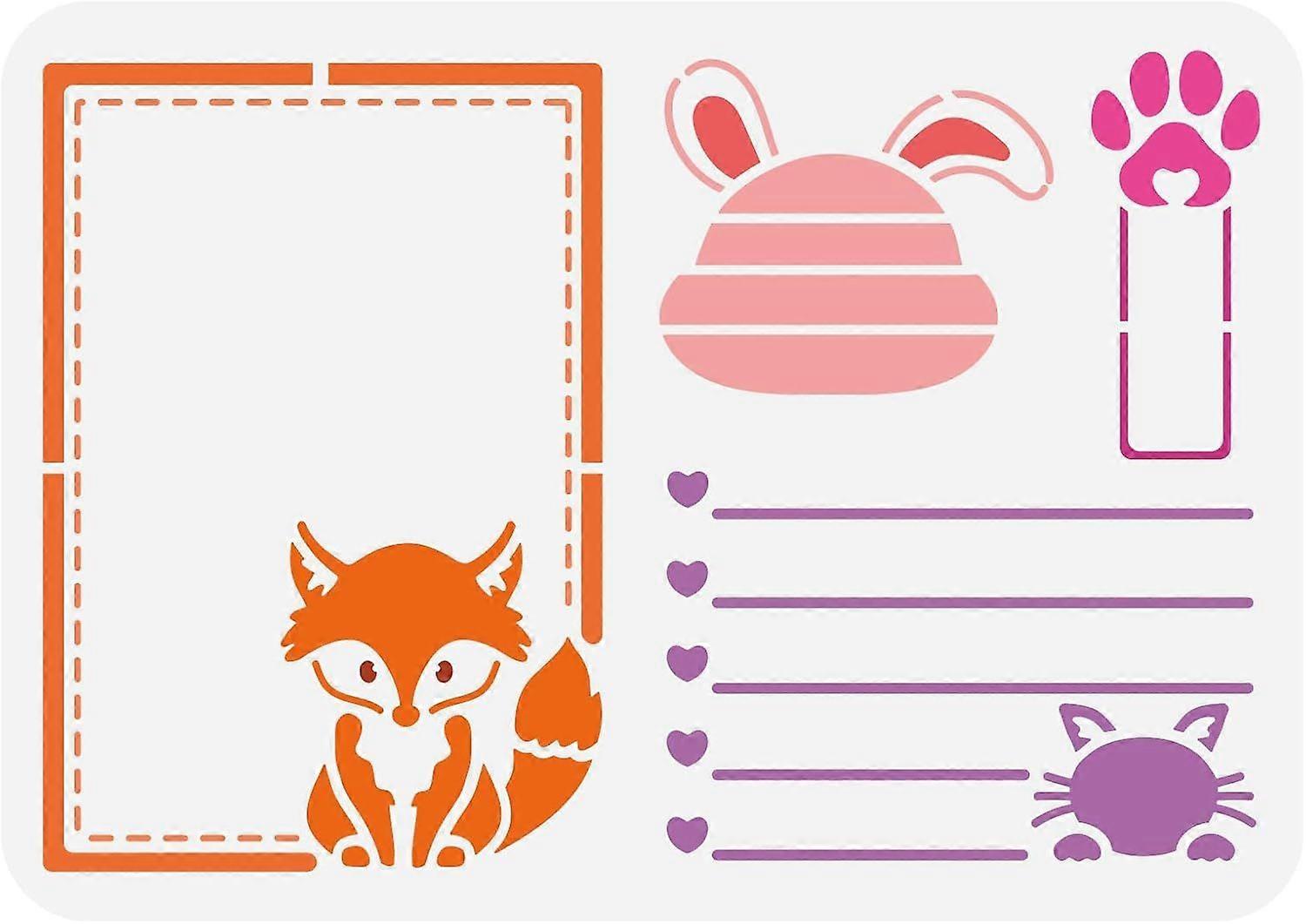 Animal Sticky Note Stencil for Painting 8.3x11.7inch Reusable Cut Fox Cat Rabbit Template Hollowed Animal Paw Print Sticky Note Frame Stencil Daily Th