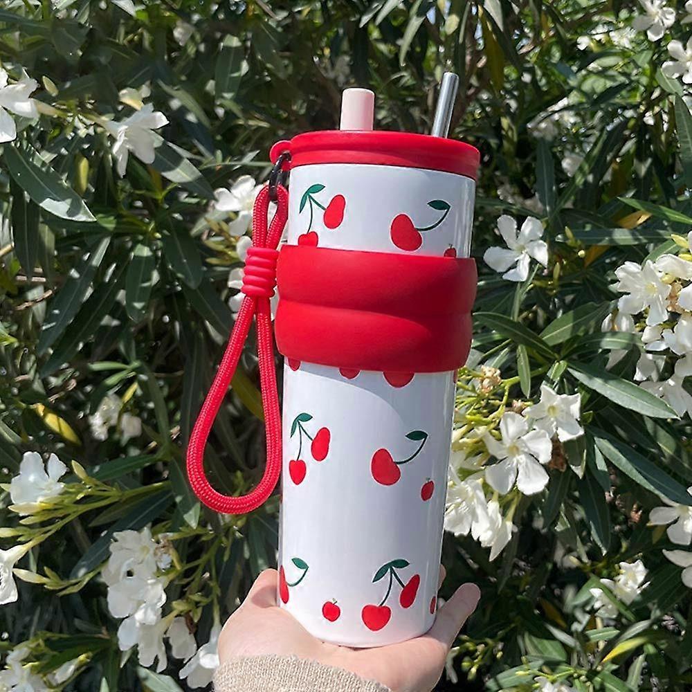 Red Cherry Printing Vacuum Cup Bow Printing Direct Drinking Cup  Office Workers