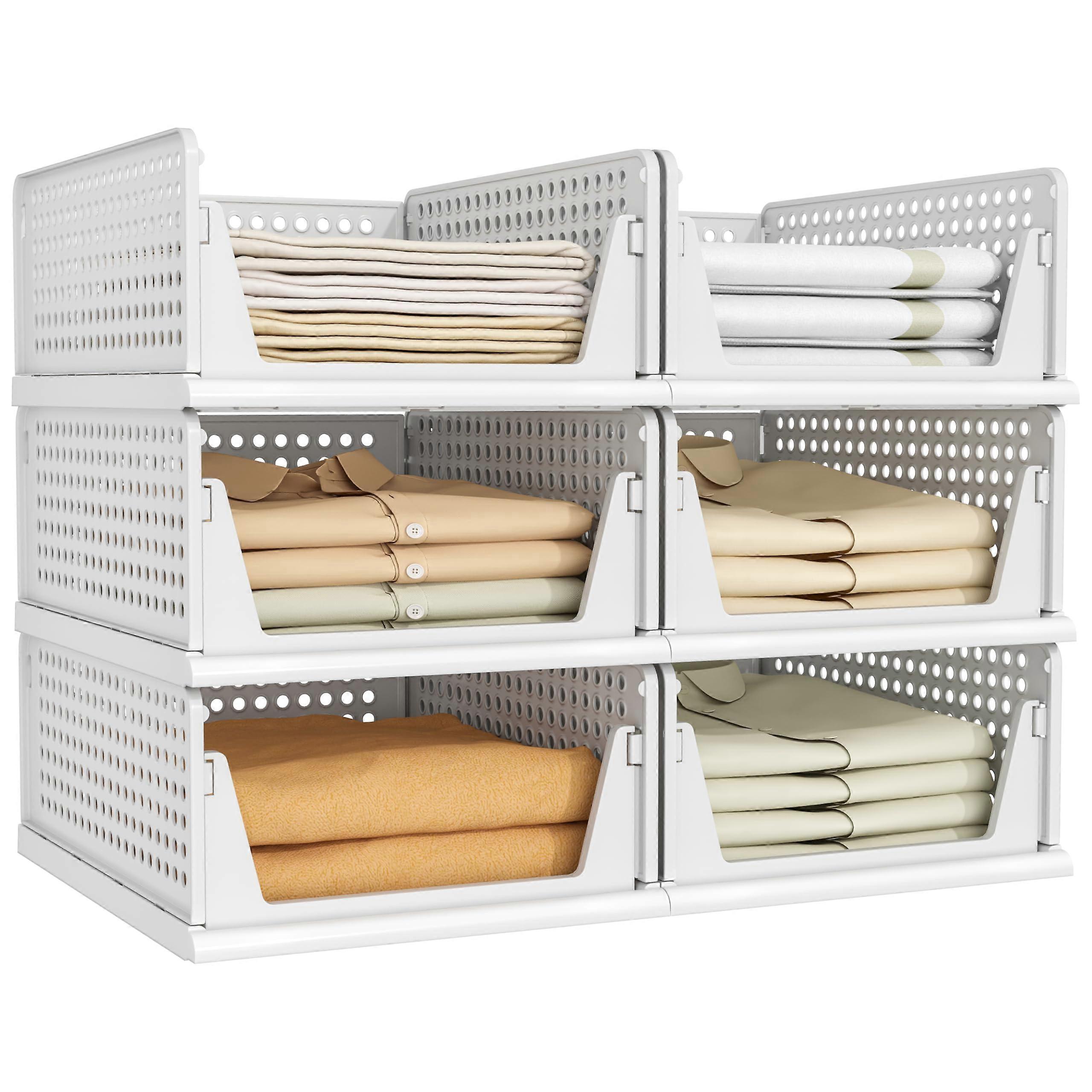 6 Pack Closet Storage Bins Stackable Plastic Drawers for Clothing with Smooth Slide Rail White