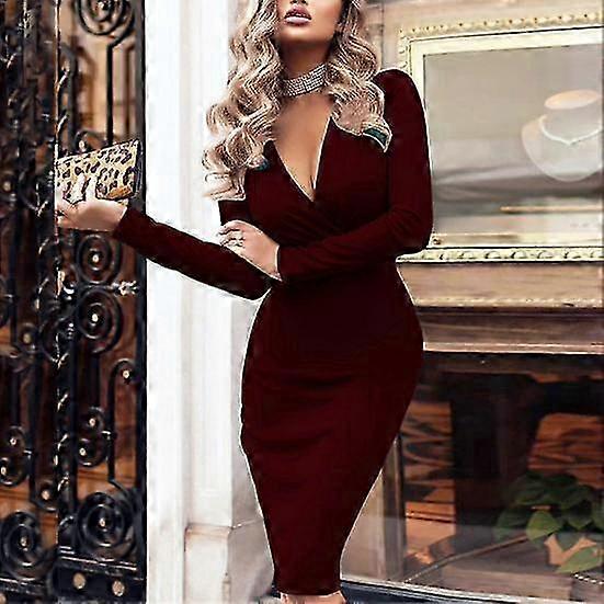 Women's Autumn Winter V-Neck Belted Bodycon Dress – Slim Long Sleeve Semi-Formal Midi For Office & Casual Autumn Winter Office Dress