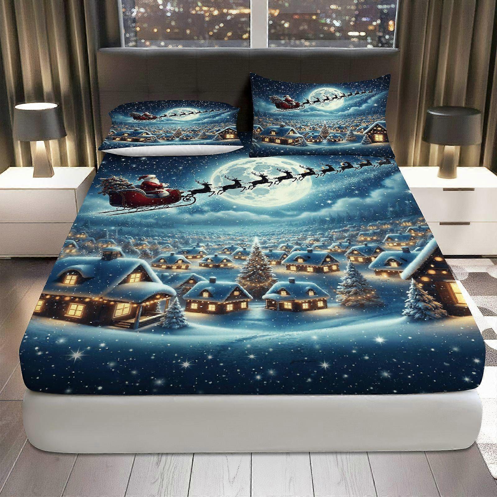 3pcs Christmas Winter Night Fitted Sheet Three Piece Set
