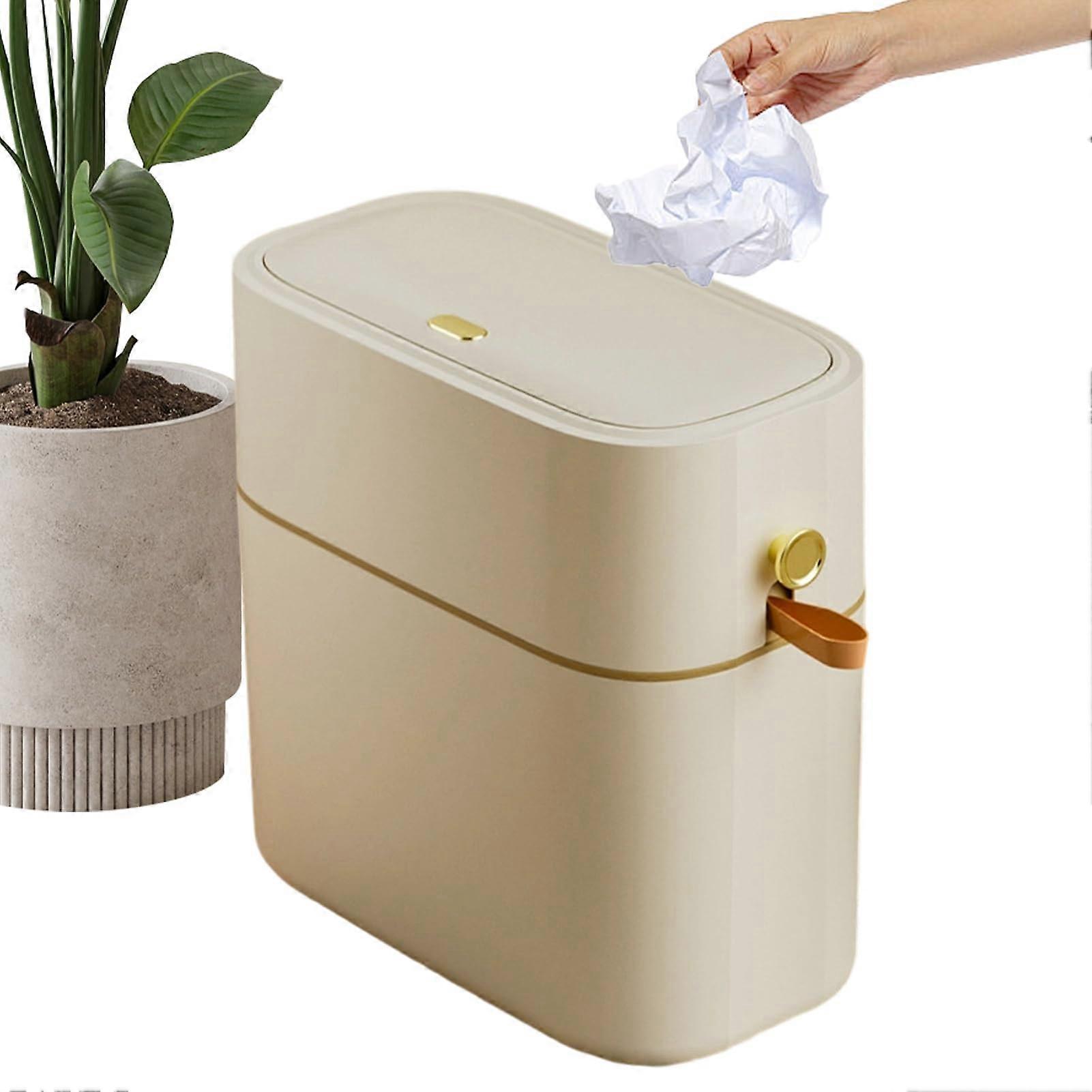 8L Touchless Bathroom Trash Can with Odor Control, Slim Bin for Small Spaces, Beige Yellow