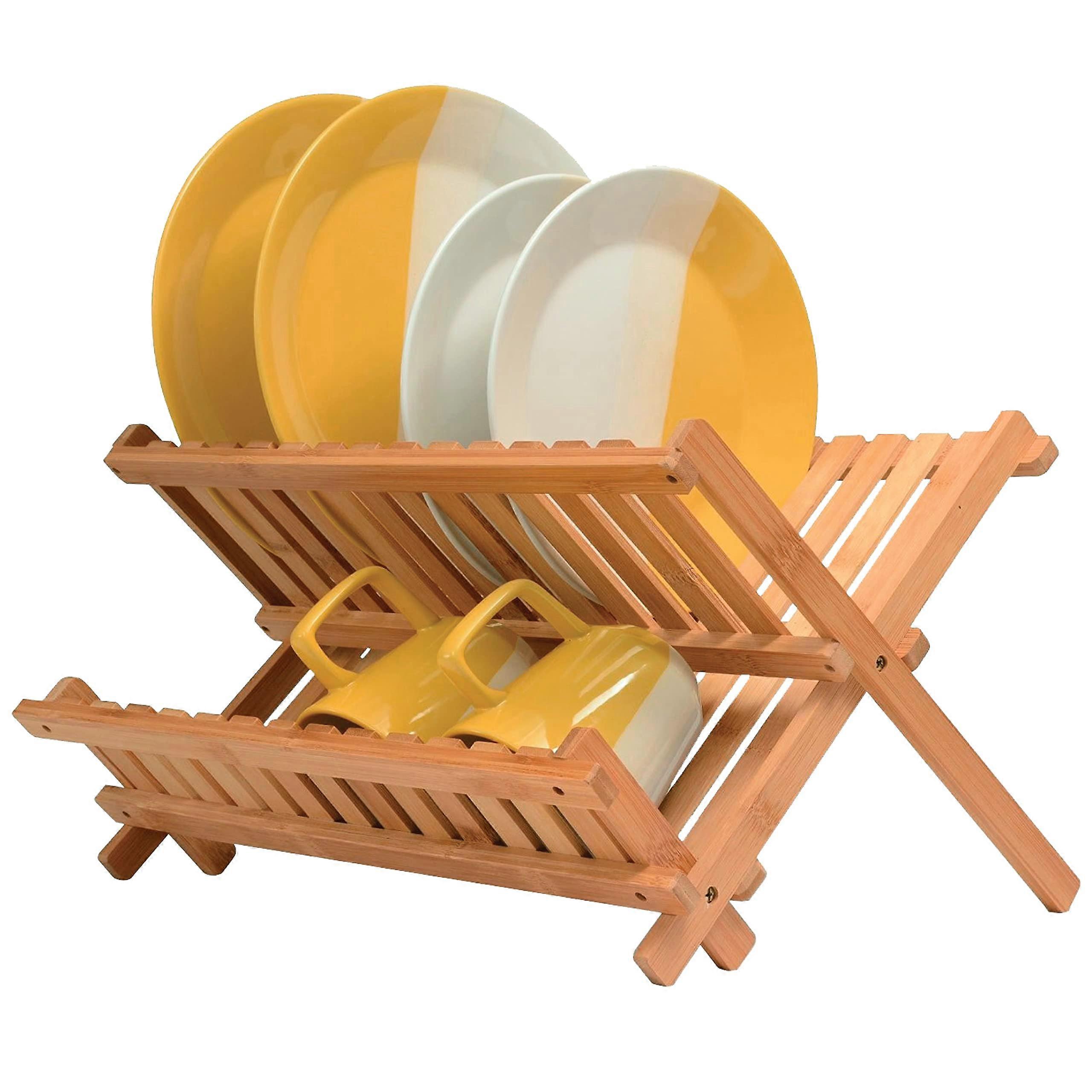 Foldable Bamboo Dish Drying Rack, 2Tier Wooden Kitchen Counter Organizer with Large Capacity