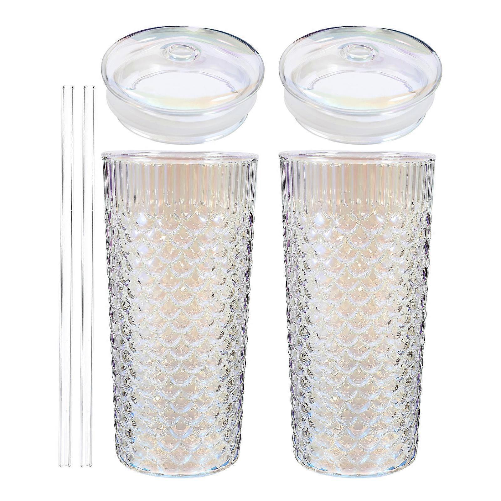 Juice Cup Fish Scale Glass for Drinking Use 2Pcs with Lid and Straw