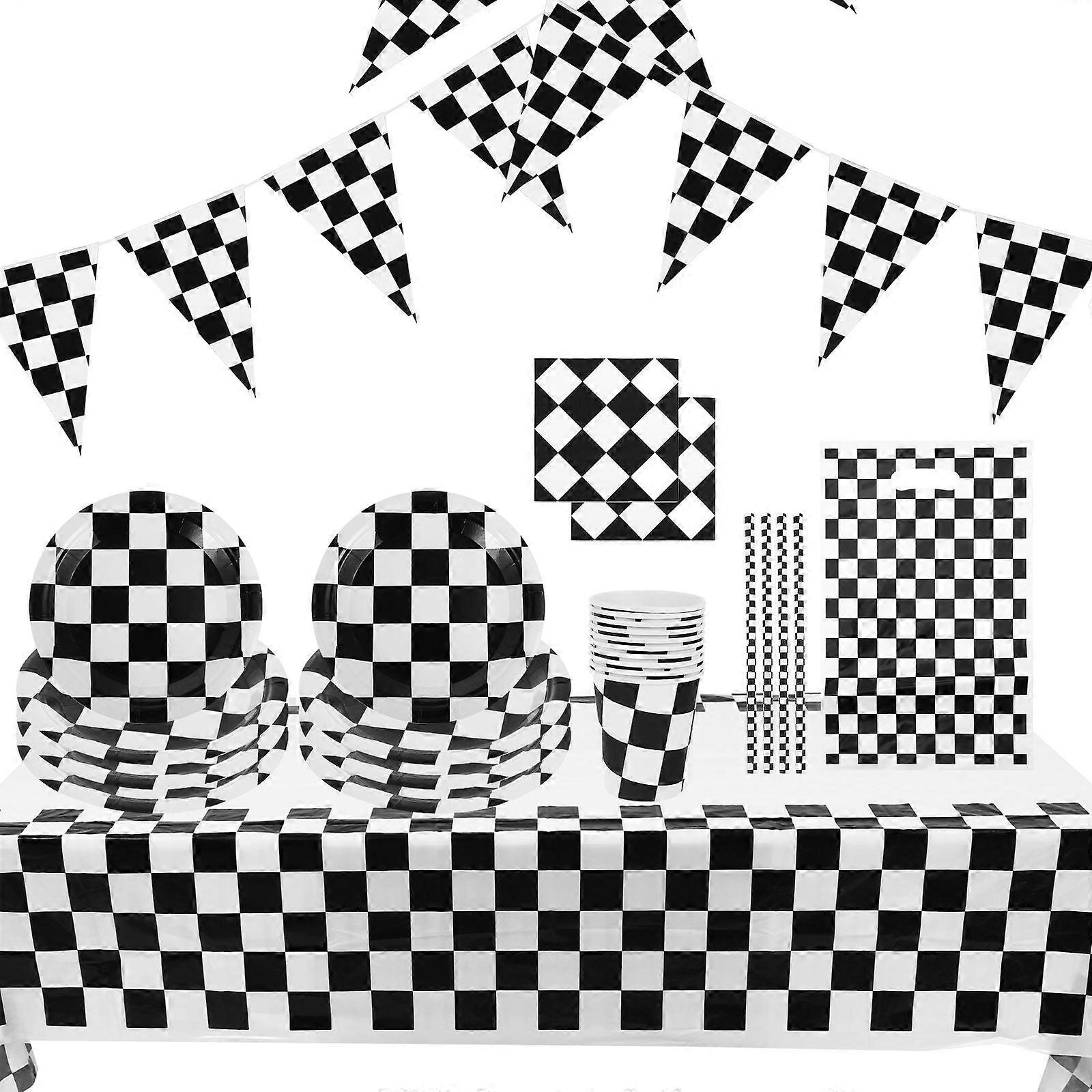 Checkered Flag Plates Set For Racing Parties Table Dressing Black White Multi 1Set