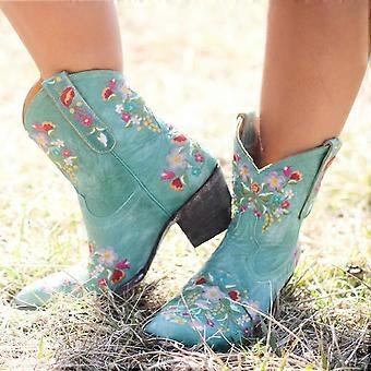 Damen Herbststiefel Modische bestickte Cowgirl Reitstiefel Lässige warme mittelhohe Absätze Mittelhohe Tube-Shorts 9(42)