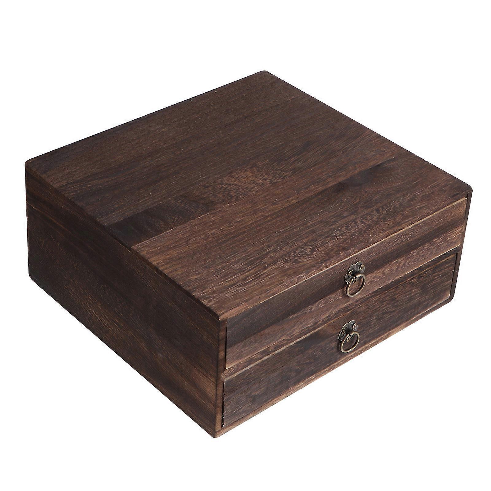 1Pc Solid Wood Storage Desk Box Retro Drawer Type Desktop Organizer (2 Layer)