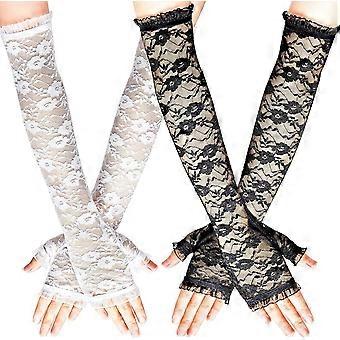 2 paia di guanti da donna in pizzo floreale con protezione UV, lunghi senza dita, ideali per matrimoni, opera e feste, taglia adulta.