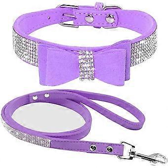Dog Collar & Leash Combo Set Bling Pup cat Collars with Bow Cute Crystal Rhinestone Cats Necklace Puppy Small Dogs Soft Suede Leather Purple